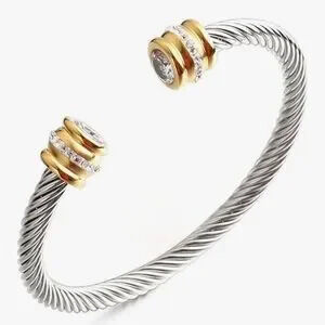 Sculptural Cable Cuff Bracelet  Two-Tone Gold & Silver Crystal Torque Bangle